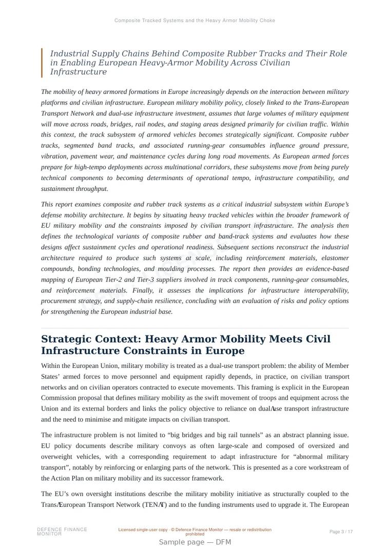 Sample page from “Composite Tracked Systems and the Heavy Armor Mobility Chokepoint in Europe” — 18-page report