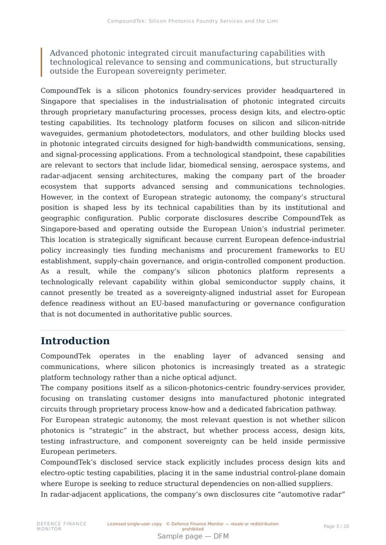 Sample page from “CompoundTek: Silicon Photonics Foundry Services and the Limits of European Strategic Autonomy” — 21-page report