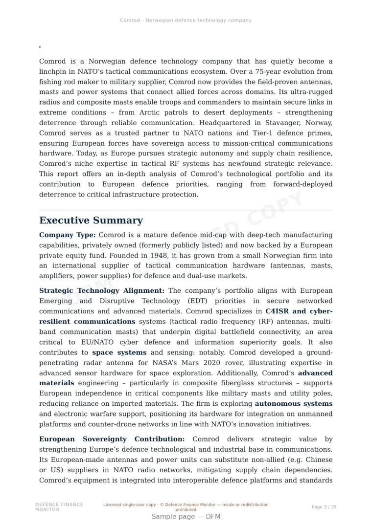 Sample page from “Comrod - Norwegian defence technology company” — 40-page report
