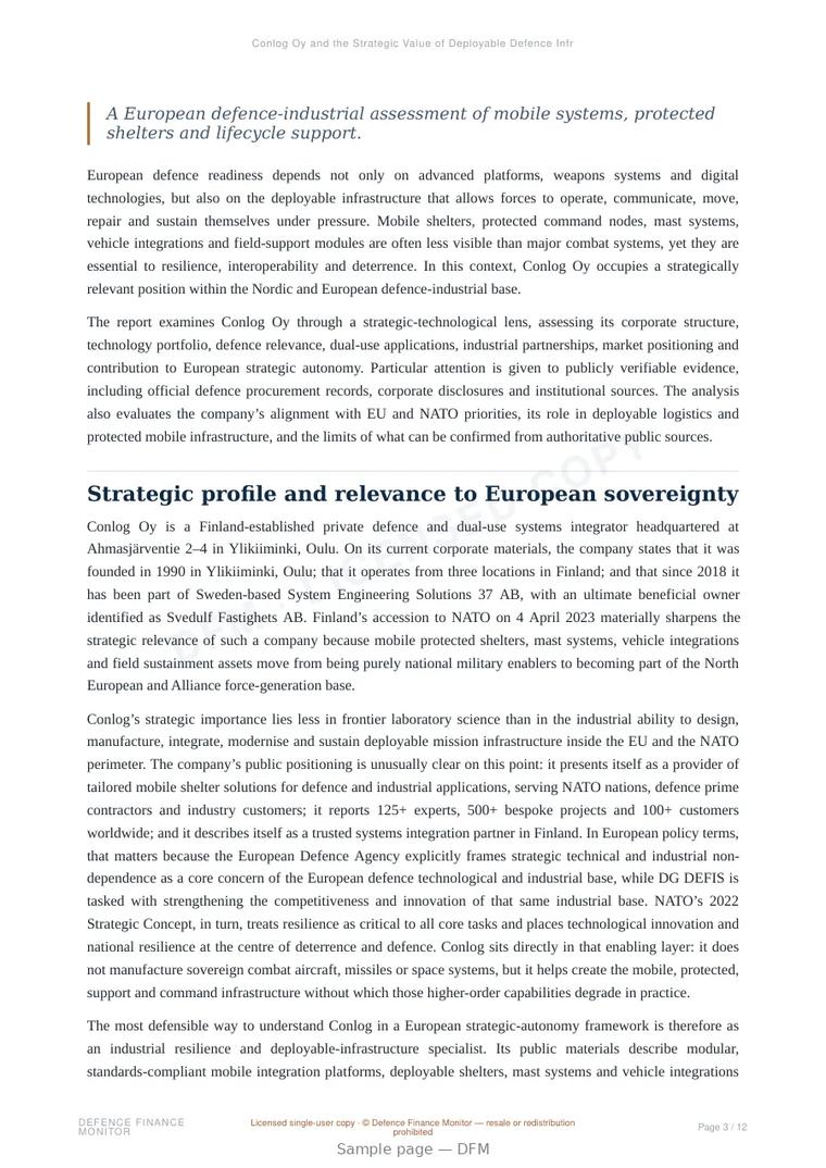 Sample page from “Conlog Oy and the Strategic Value of Deployable Defence Infrastructure” — 13-page report
