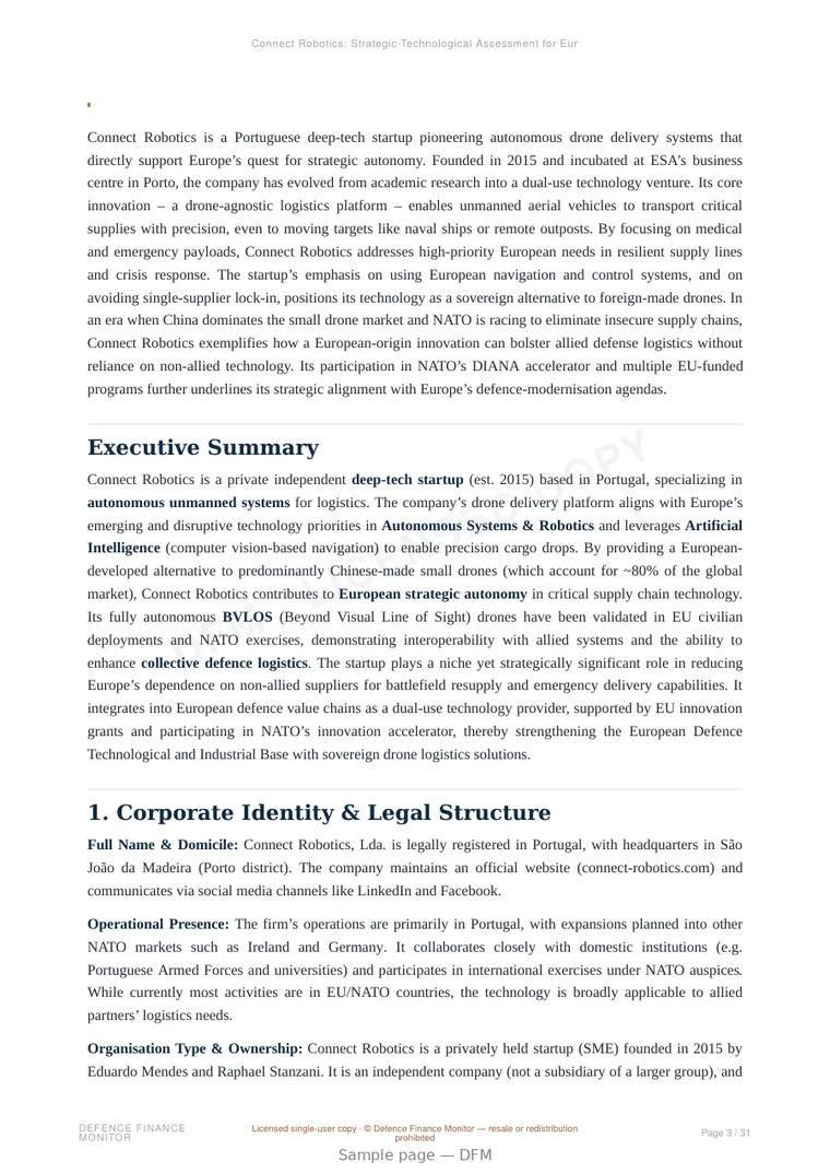 Sample page from “Connect Robotics: Strategic-Technological Assessment for European Defence Autonomy and Dual-Use Resilience” — 32-page report