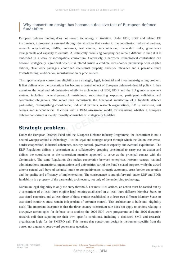 Sample page from “Consortium Eligibility: How to Build a Fundable Defence Partnership” — 12-page report