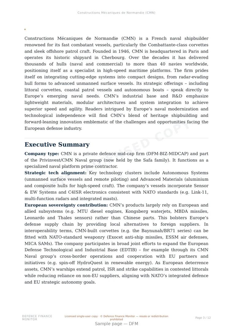 Sample page from “Constructions Mécaniques de Normandie (CMN)” — 13-page report