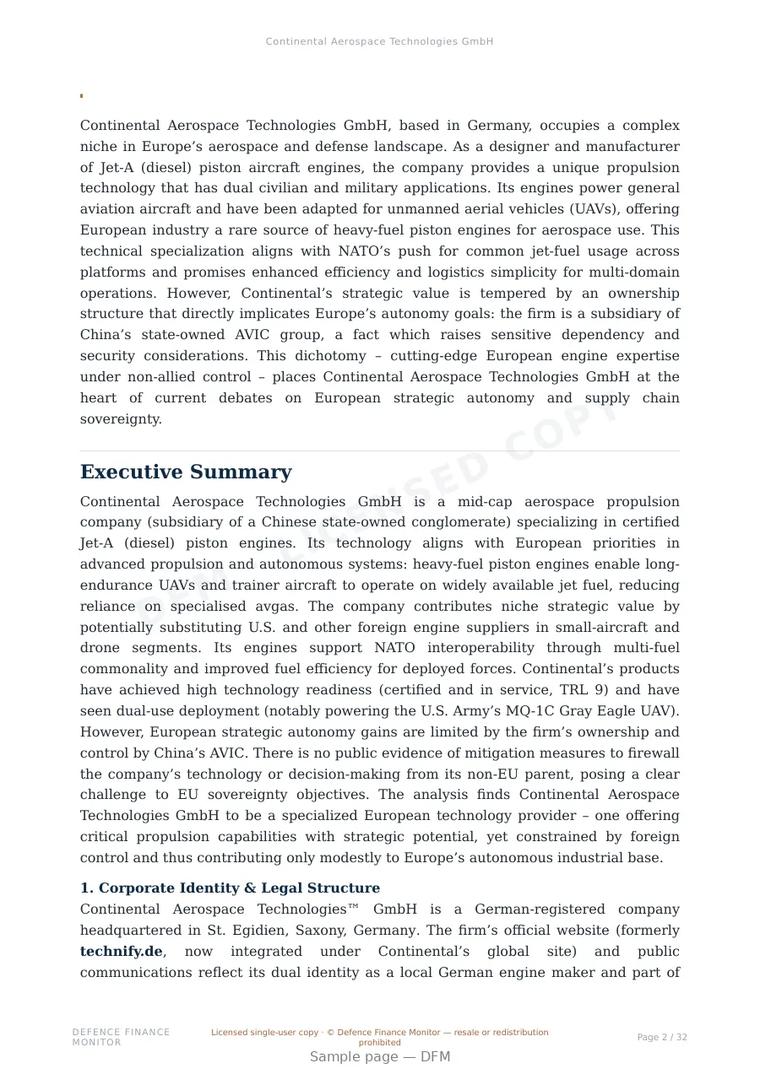 Sample page from “Continental Aerospace Technologies GmbH” — 33-page report