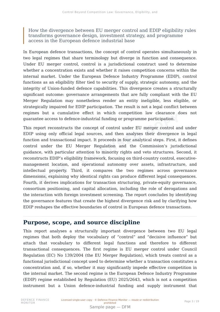 Sample page from “Control Beyond Competition Law: Governance, Eligibility, and Strategic Autonomy in European Defence Transactions” — 20-page report
