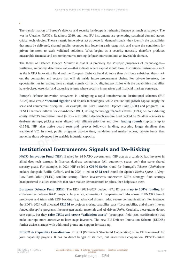 Sample page from “Converging Public and Private Finance in European Defence Startups” — 10-page report