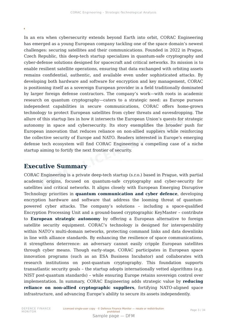 Sample page from “CORAC Engineering — Czech Republic cybersecurity company” — 35-page report