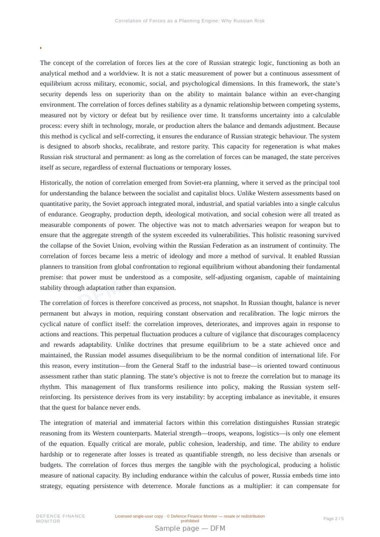 Sample page from “Correlation of Forces as a Planning Engine: Why Russian Risk is Structurally Persistent” — 6-page report