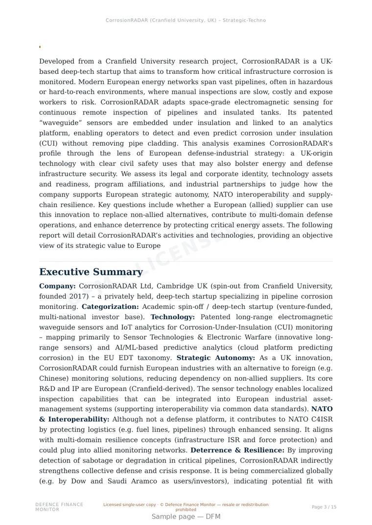 Sample page from “CorrosionRADAR — United Kingdom advanced sensors company” — 16-page report