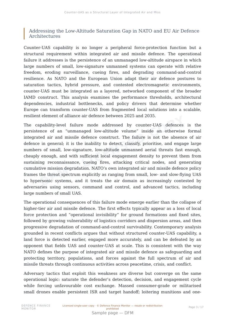 Sample page from “Counter-UAS as a Structural Layer of Integrated Air and Missile Defence” — 18-page report