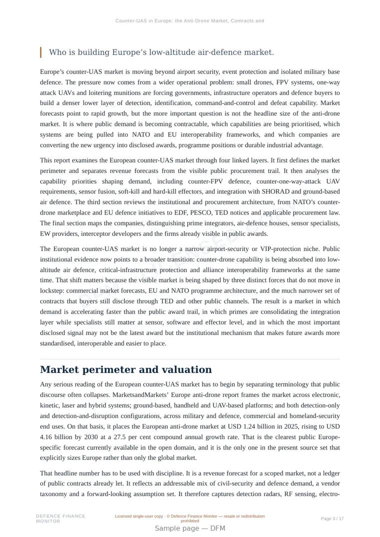 Sample page from “Counter-UAS in Europe: the Anti-Drone Market, Contracts and Companies” — 18-page report
