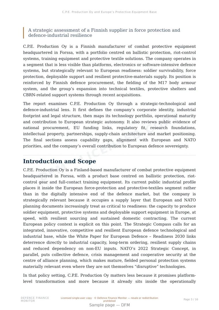 Sample page from “C.P.E. Production Oy and Europe’s Protective Equipment Base” — 17-page report