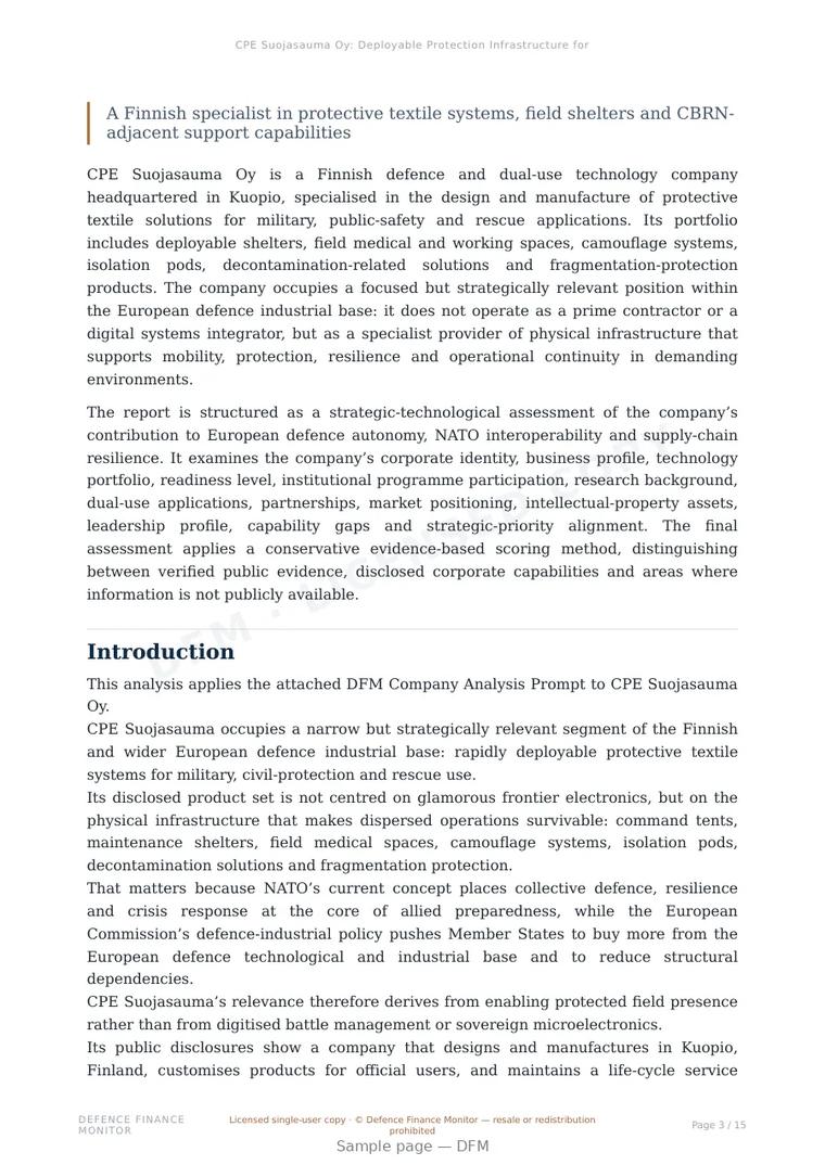 Sample page from “CPE Suojasauma Oy: Deployable Protection Infrastructure for European Defence Resilience” — 16-page report