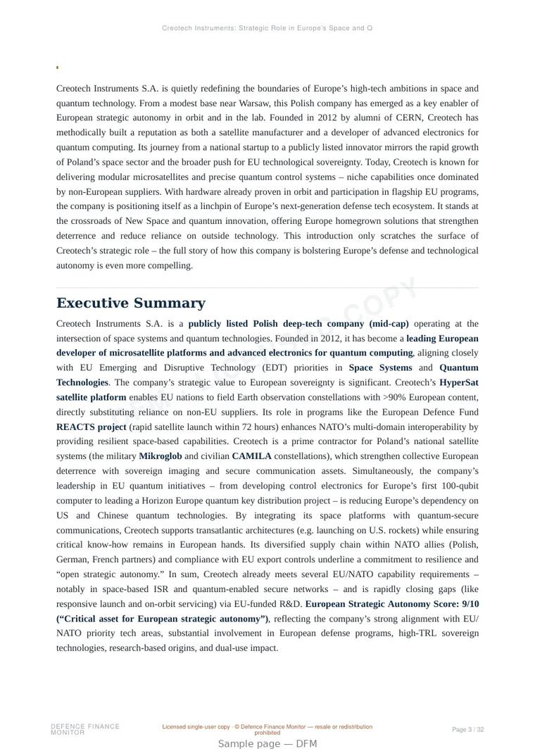 Sample page from “Creotech Instruments: Strategic Role in Europe’s Space and Quantum Technologies” — 33-page report