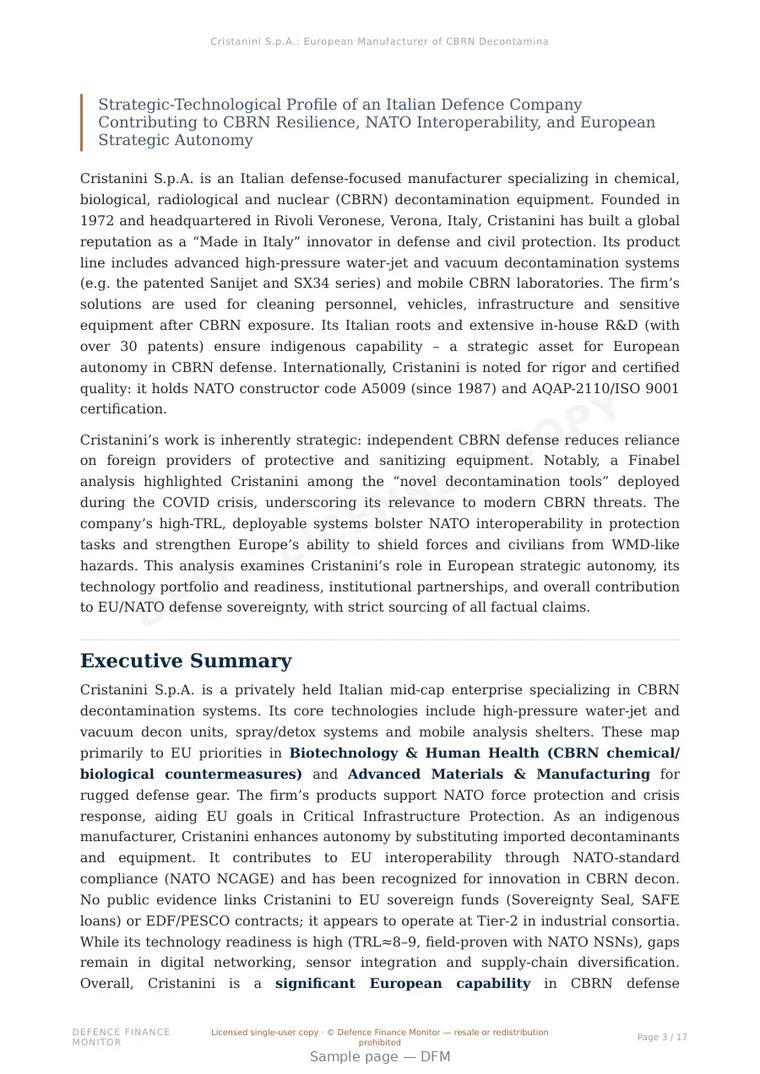 Sample page from “Cristanini S.p.A.: European Manufacturer of CBRN Decontamination Systems” — 18-page report