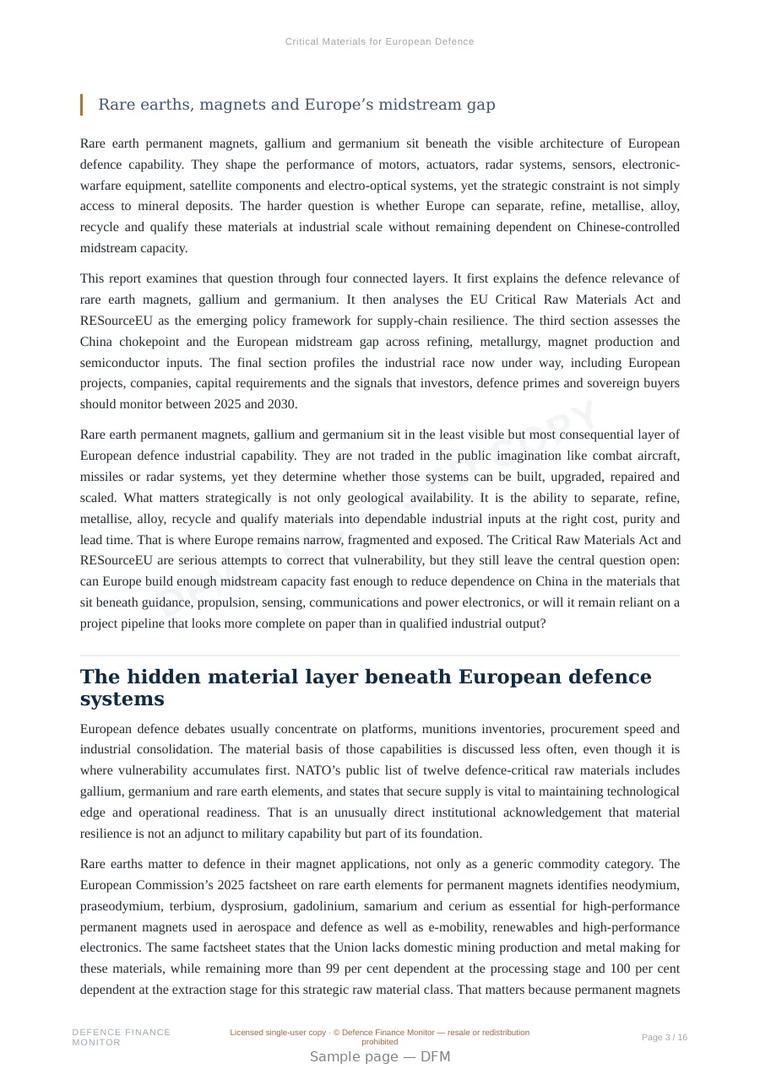 Sample page from “Critical Materials for European Defence” — 17-page report