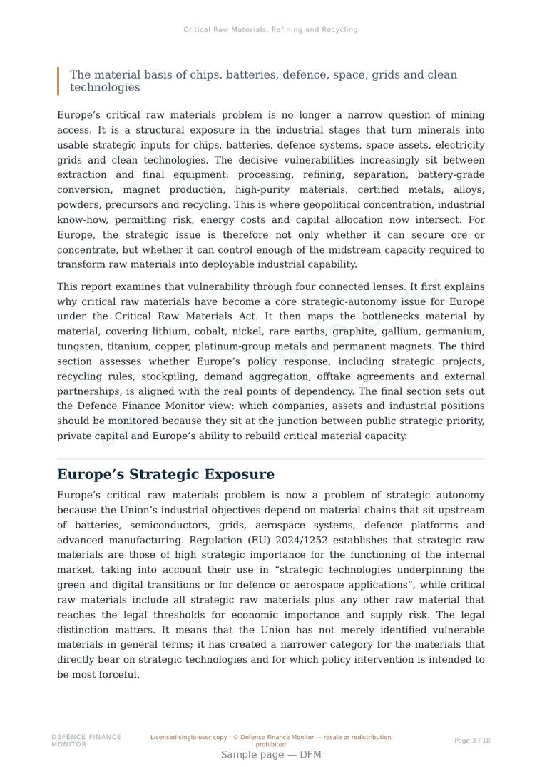 Sample page from “Critical Raw Materials, Refining and Recycling” — 19-page report