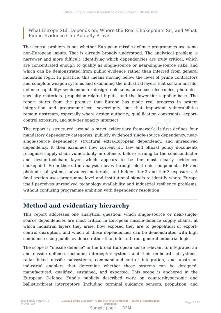 Sample page from “Critical Single-Source Dependencies in European Missile Defence Supply Chains” — 23-page report