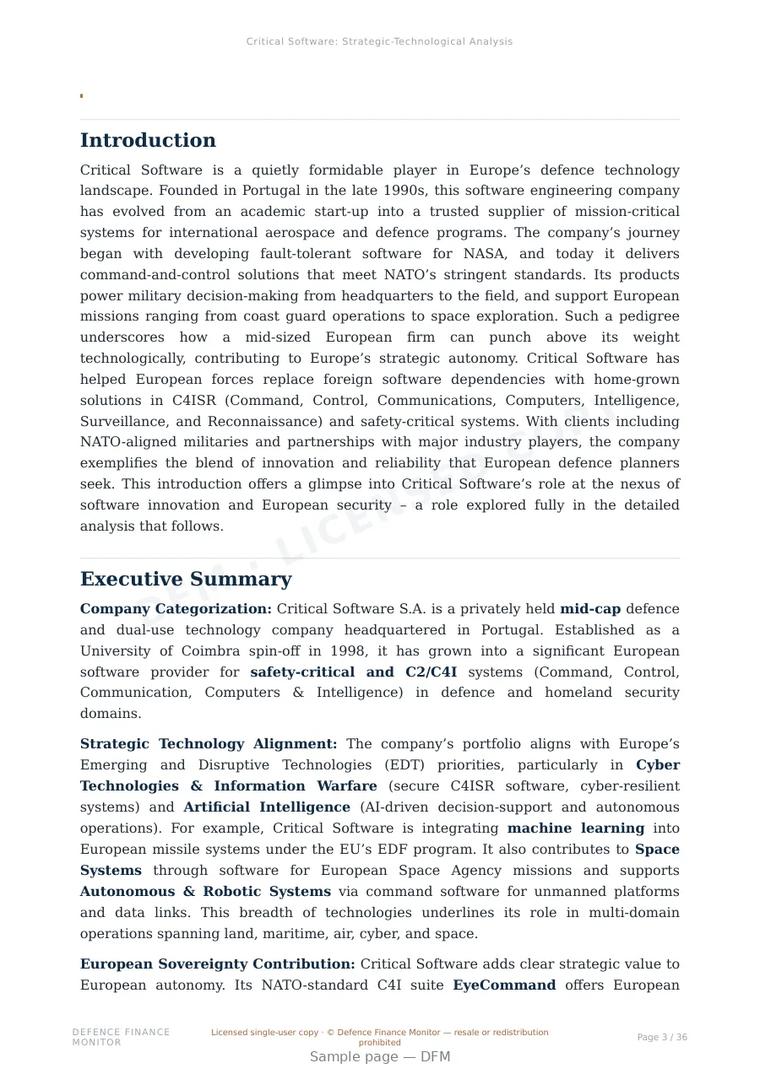 Sample page from “Critical Software — Portugal command company” — 37-page report