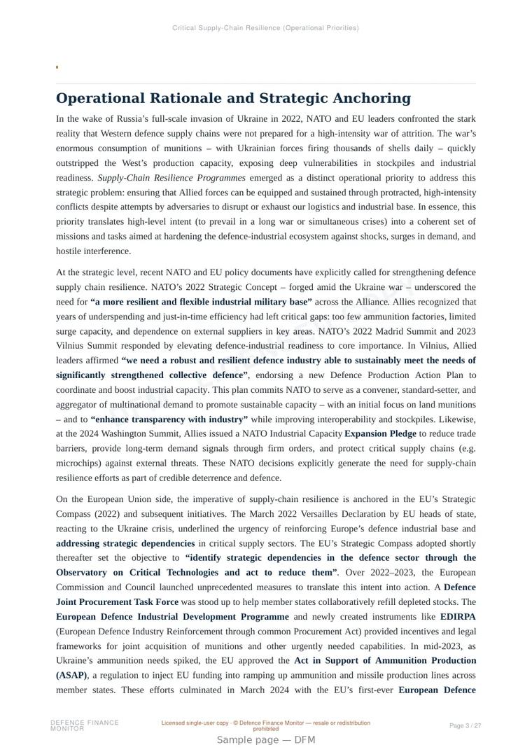 Sample page from “Critical Supply-Chain Resilience (Operational Priorities)” — 28-page report