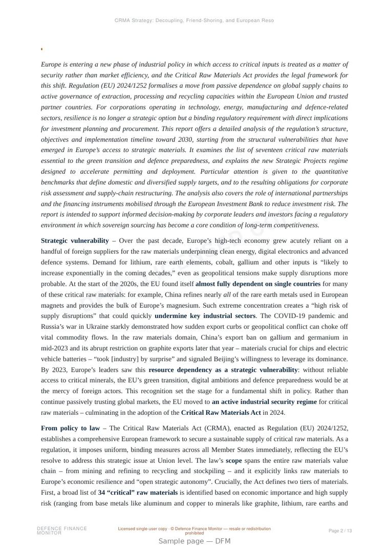 Sample page from “CRMA Strategy: Decoupling, Friend-Shoring, and European Resource Security” — 14-page report