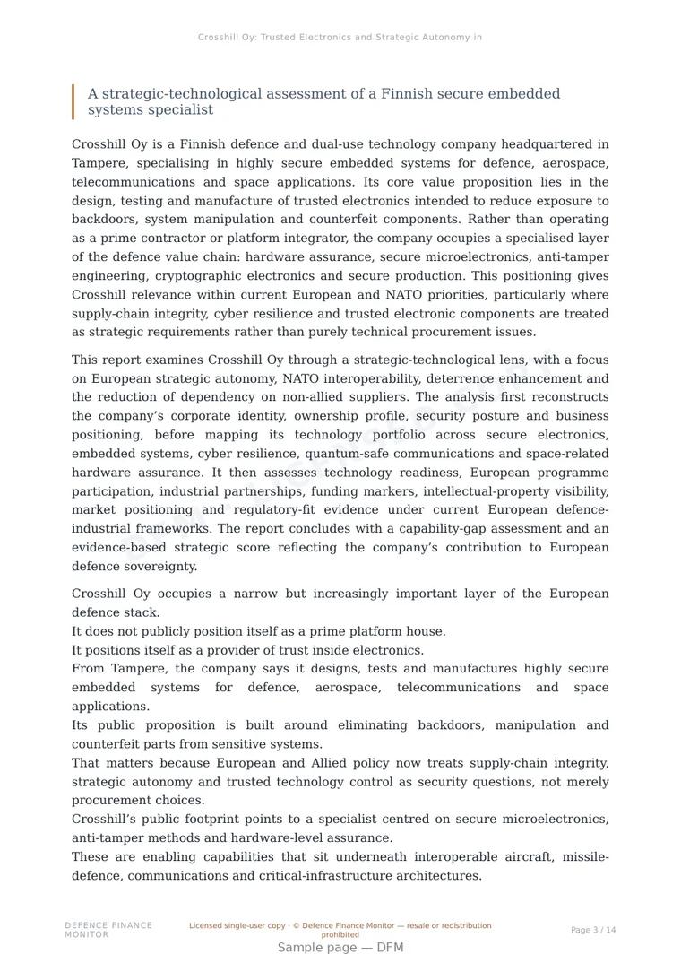 Sample page from “Crosshill Oy: Trusted Electronics and Strategic Autonomy in European Defence” — 15-page report