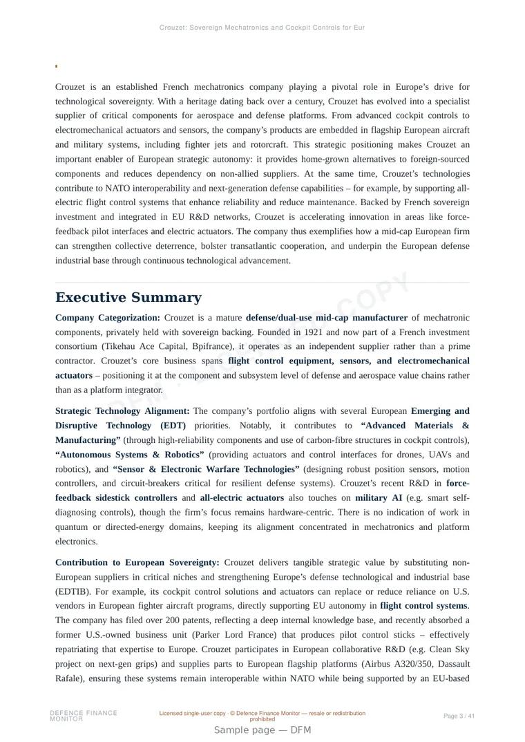 Sample page from “Crouzet: Sovereign Mechatronics and Cockpit Controls for European Defence” — 42-page report
