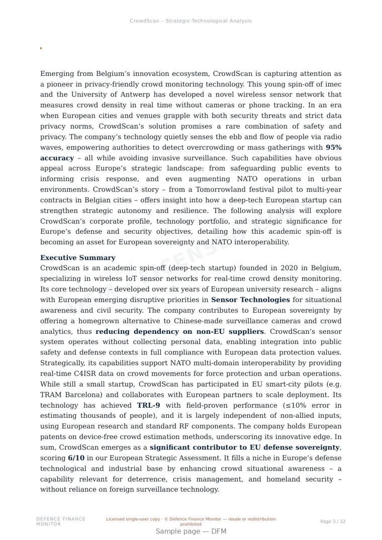 Sample page from “CrowdScan — Belgium advanced sensors company” — 33-page report