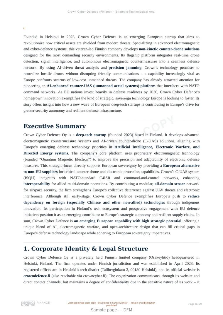 Sample page from “Crown Cyber Defence — Finland defence company” — 30-page report
