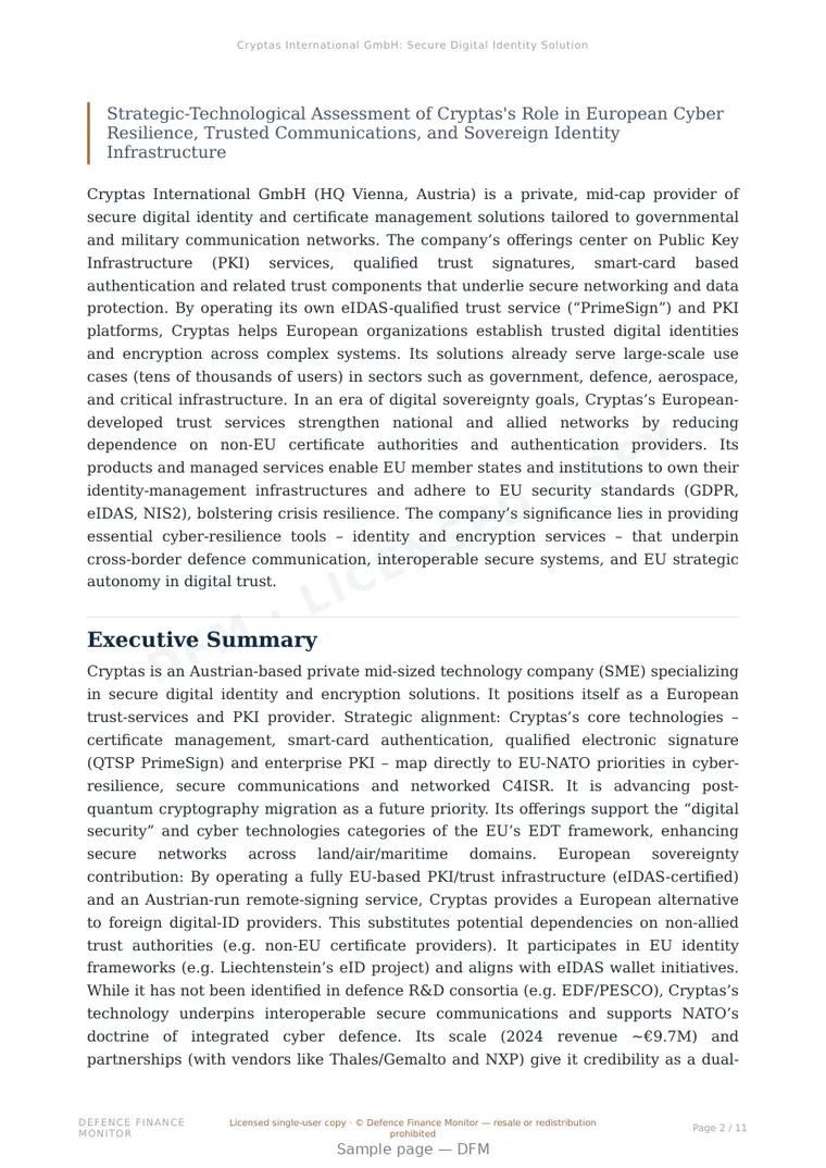 Sample page from “Cryptas International GmbH: Secure Digital Identity Solutions for Defence and Government Networks” — 12-page report