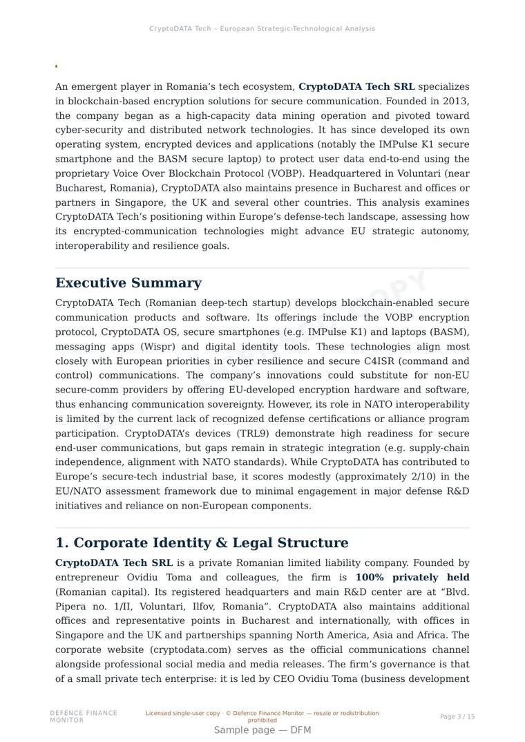 Sample page from “CryptoDATA Tech SRL — Romania cryptography company” — 16-page report