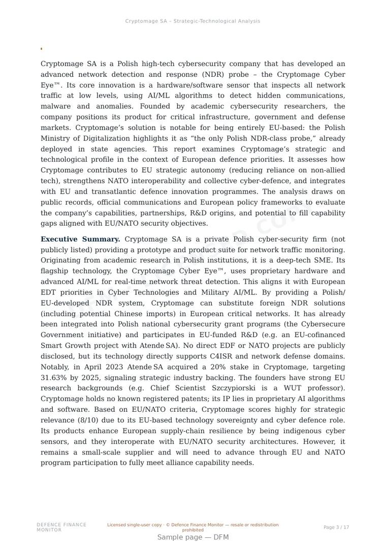 Sample page from “Cryptomage SA — Poland defensive cyber company” — 18-page report