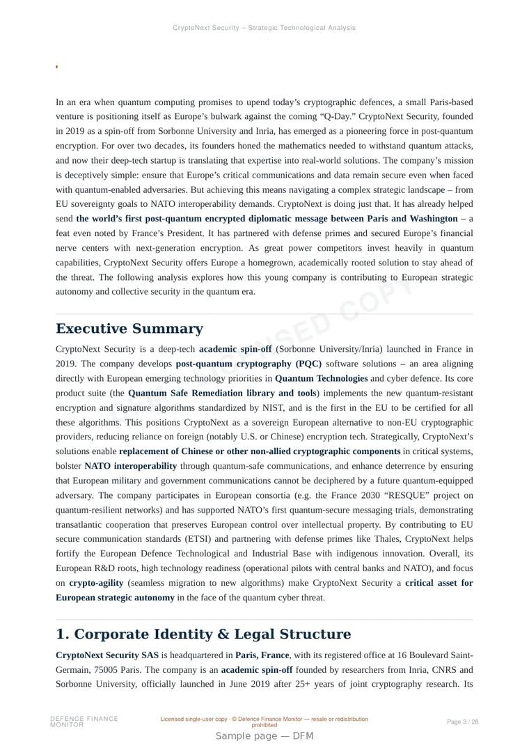 Sample page from “CryptoNext Security – Strategic Technological Analysis” — 29-page report