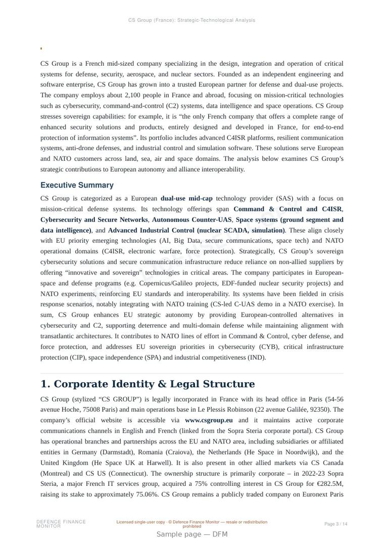 Sample page from “CS Group — France cyber defense company” — 15-page report