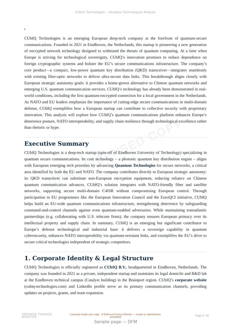 Sample page from “CUbIQ Technologies — Netherlands quantum communications company” — 31-page report