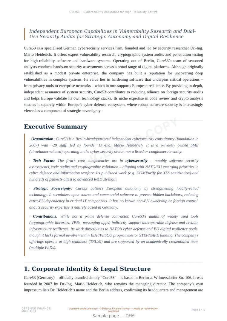 Sample page from “Cure53 – Cybersecurity Assurance for High-Reliability Software and Systems” — 14-page report