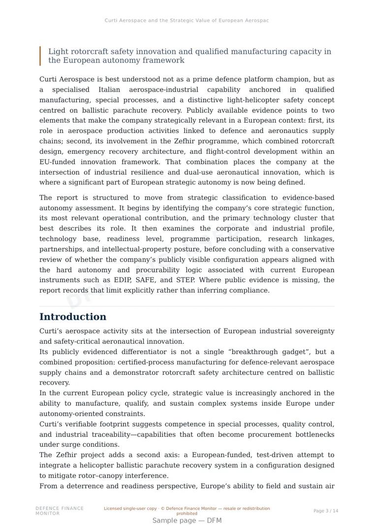 Sample page from “Curti Aerospace and the Strategic Value of European Aerospace Industrial Depth” — 15-page report