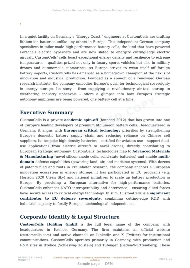 Sample page from “CustomCells – Germany’s High-Performance Battery Innovator for Aviation & Defense” — 26-page report