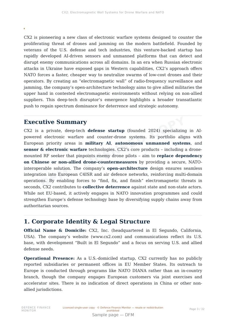 Sample page from “CX2: Electromagnetic Wall Systems for Drone Warfare and NATO Spectrum Superiority” — 33-page report