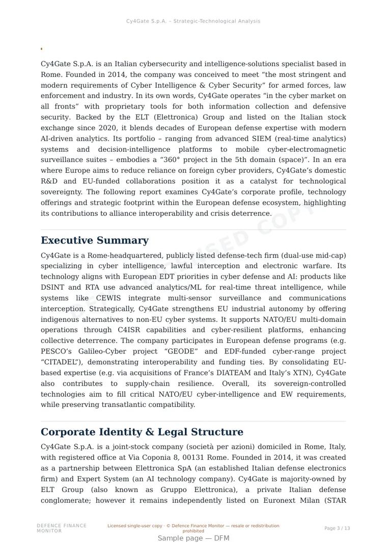 Sample page from “Cy4Gate S.p.A. — Italy cyber defense company” — 14-page report