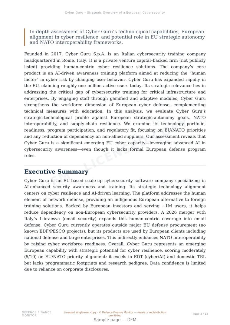 Sample page from “Cyber Guru – Strategic Overview of a European Cybersecurity Awareness Company” — 14-page report