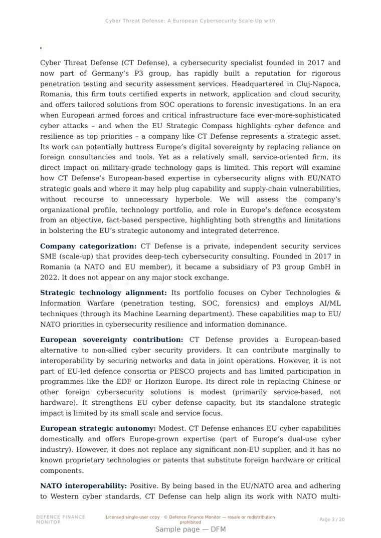 Sample page from “Cyber Threat Defense: A European Cybersecurity Scale-Up with Strategic Potential” — 21-page report