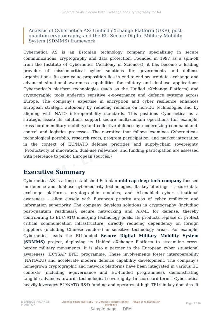 Sample page from “Cybernetica AS: Secure Data Exchange and Cryptography for NATO and EU Defense Infrastructure” — 17-page report