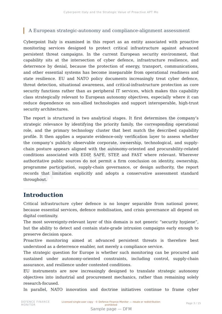 Sample page from “Cyberpoint Italy and the Strategic Value of Proactive APT Monitoring for Critical Infrastructure” — 16-page report