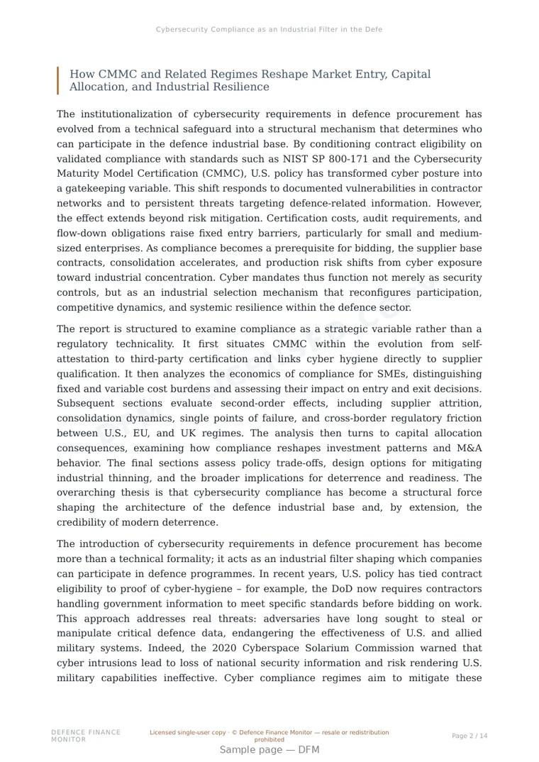 Sample page from “Cybersecurity Compliance as an Industrial Filter in the Defence Supply Chain” — 15-page report