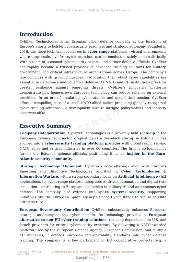 Sample page from “CybExer Technologies – Strategic Technological Analysis” — 42-page report