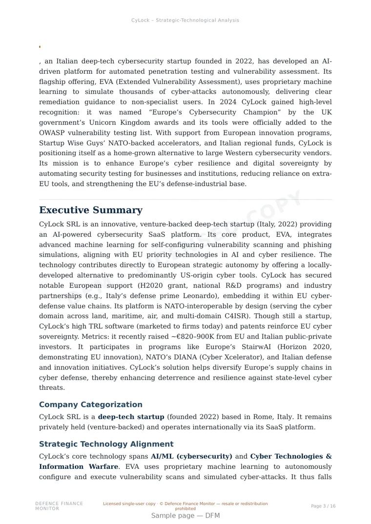 Sample page from “CyLock — Italy cybersecurity company” — 17-page report
