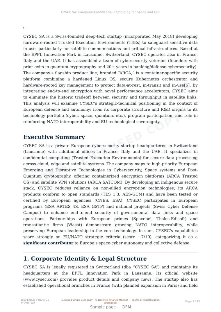 Sample page from “CYSEC SA: European Confidential Computing for Space and Critical Infrastructure” — 16-page report