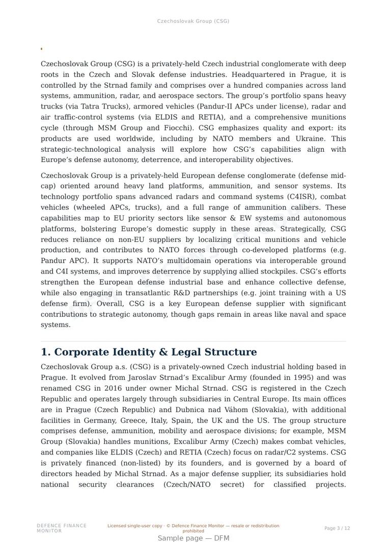 Sample page from “Czechoslovak Group (CSG)” — 13-page report