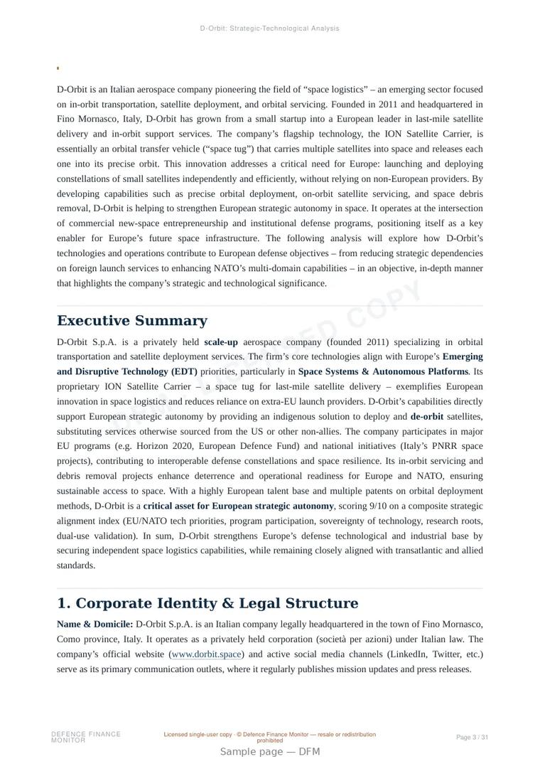 Sample page from “D-Orbit — Italy space company” — 32-page report